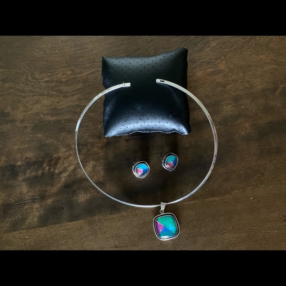 925 MEXICO STERLING S.CHOKER STONE PENDANT & EARRINGS - Picture 3 of 15